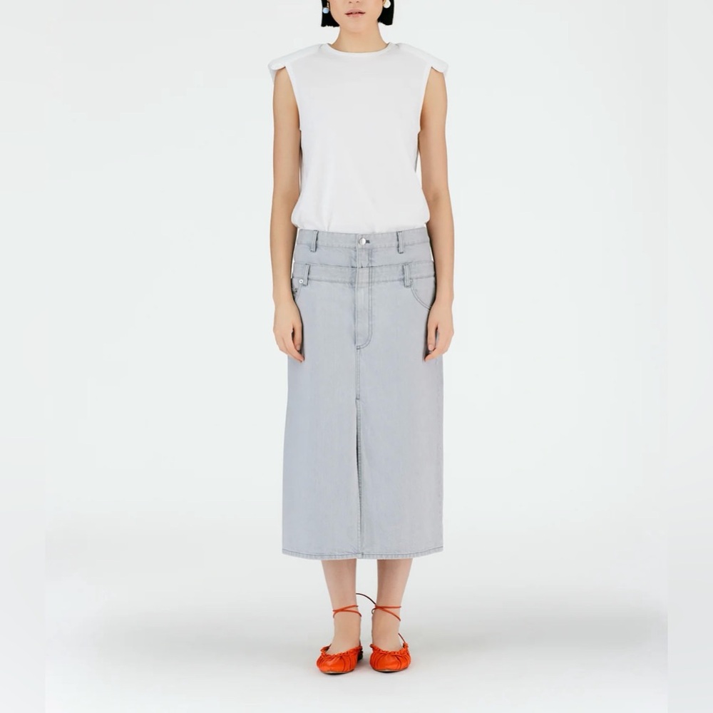 NEW Tibi Light Gray Washed Denim Double Waisted Midi Pencil Skirt size 29/8